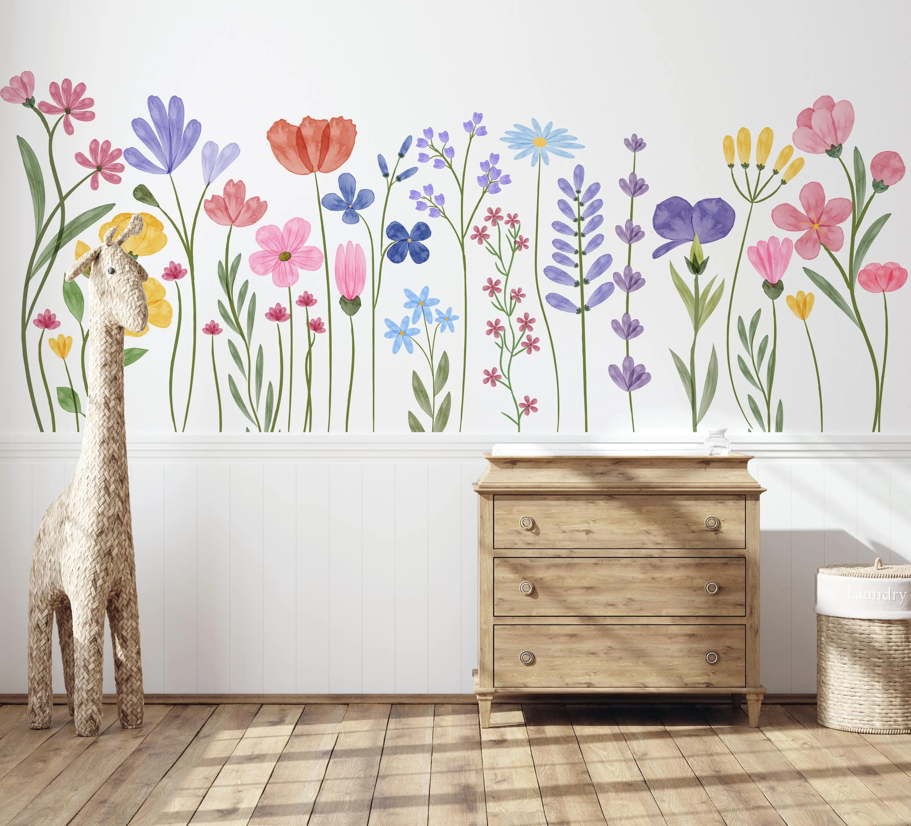 Boho Wildflower Vines Baseboard Wall Stickers Colorful Watercolor  Floral Skirting Line Wall Decals Bedroom Home Decor