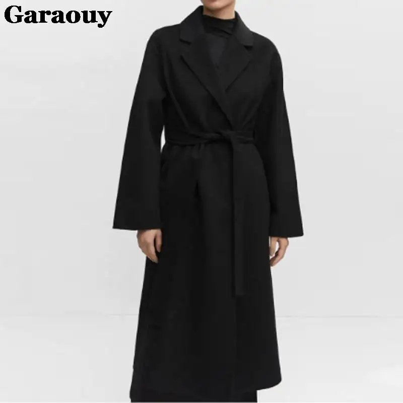 Garaouy Autumn Winter Women Basic Lapel Solid Belt Woolen Coat Female Casual Commut Outwear Loose Midi Length Jacket Overcoat