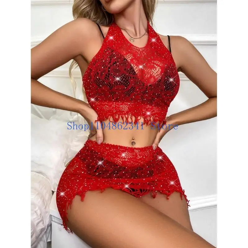 

5asd Sheer Mesh Lingerie Set for Women Sexy Sleeveless Rhinestones Crop Tops and Mini Skirt Babydoll Chemise Sexy