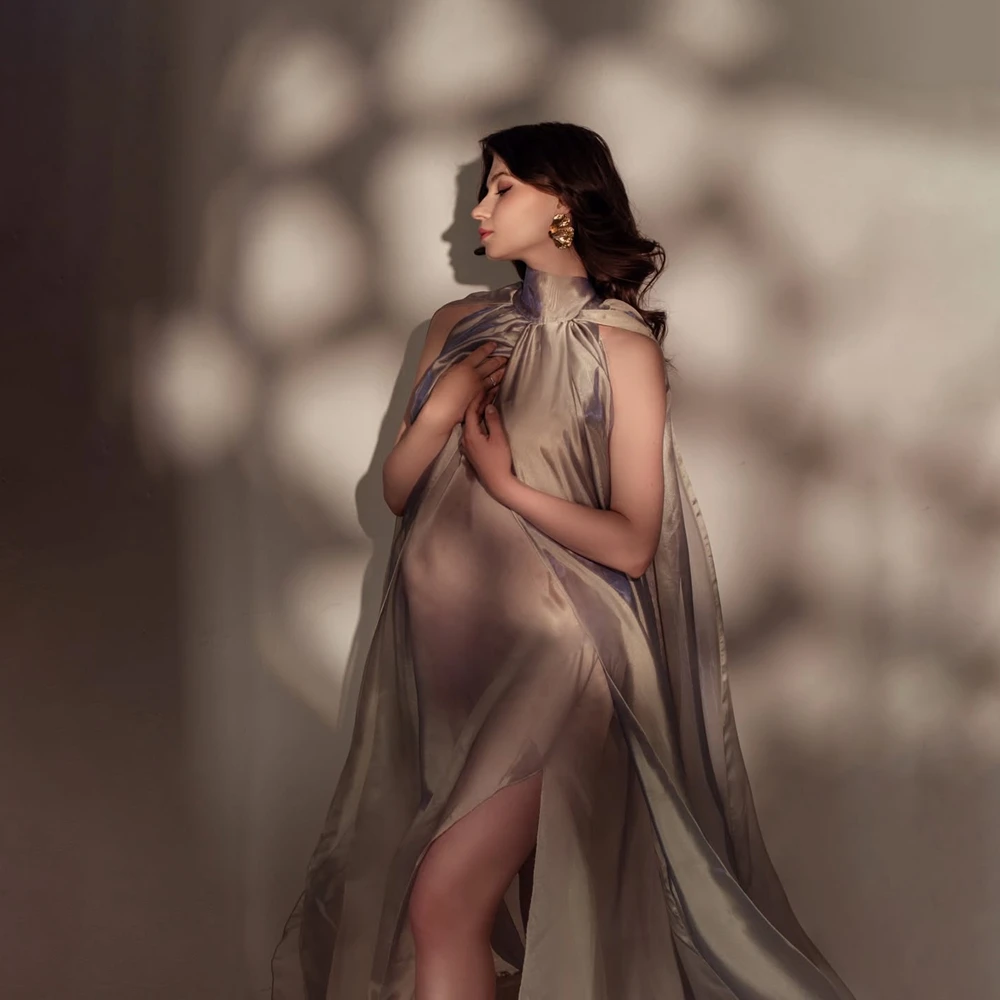 Elegant High Neck Maternity Photography Props Sheer Organza Pregnant Photo Shoot Clothes Studio Posing Gown Wrap view 2