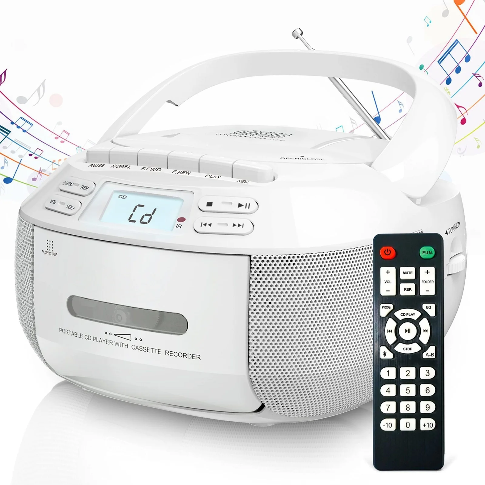 Reproductor de CD portátil con casete, estéreo, compatible con casete, CD, CD-R, CD-RW, CD MP3 y WMA-CD, para jóvenes y mayores, blanco