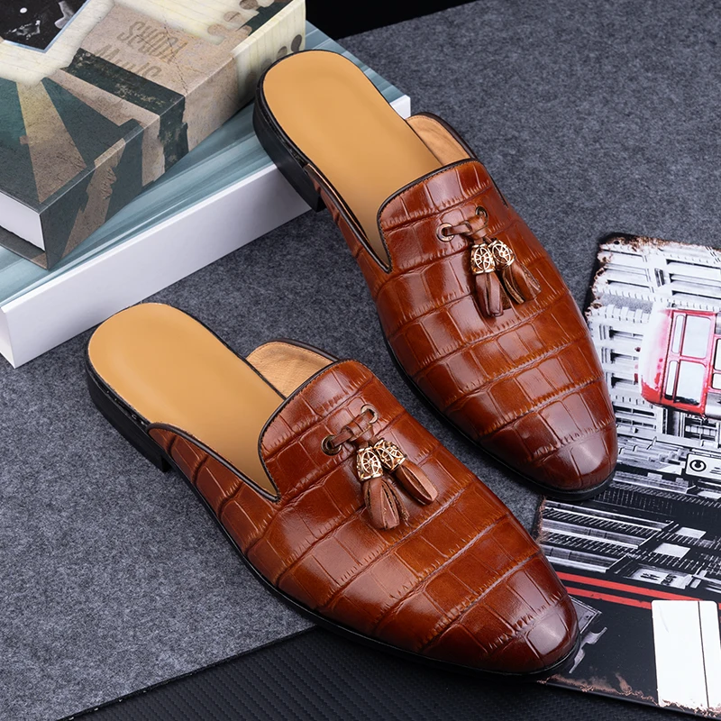 Men's Casual Slippers Outdoor Daily Fashion Shoe New Half-support Slip-on Loafers Classic Hand-carved Tassel Craftsmanship Adult