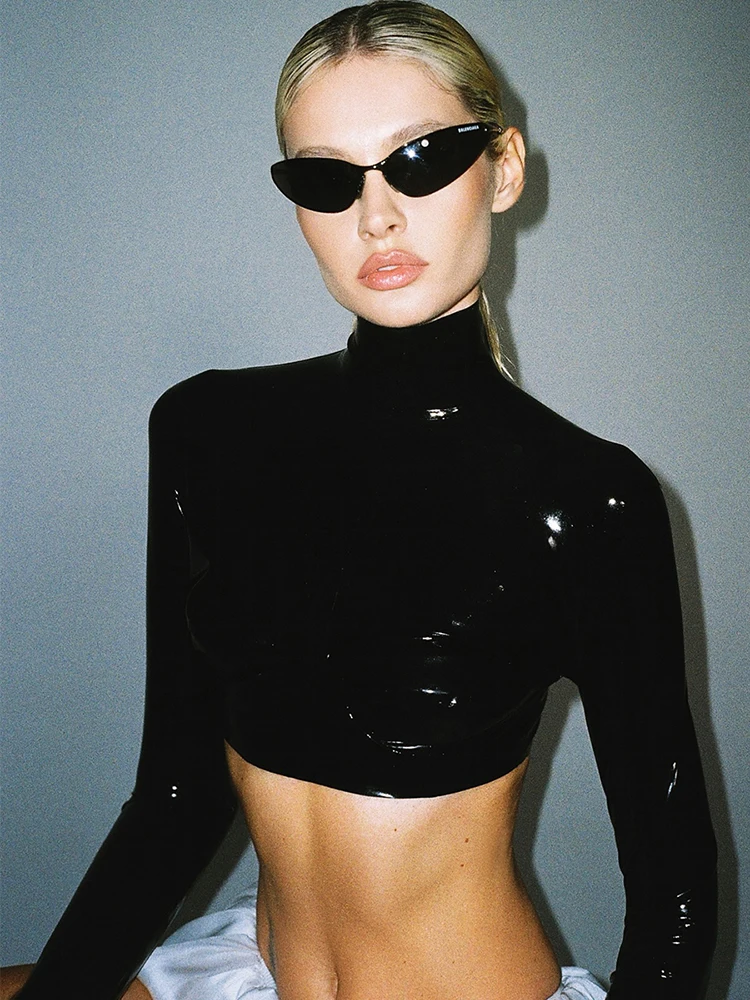 Weird Puss Sexy PU Crop Top Women Turtleneck Chest Wrapped Full Sleeve Simple Wild Punk Stretch Skinny Street Clubwear Slim Tees