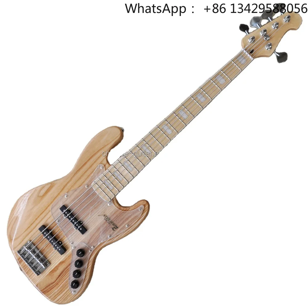 Flyoung Cheap Chinese Electric Bass Guitar Ash 5 Strings Bass Maple Fretboard Transparent PIckguard