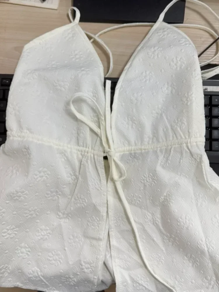 

White Y2k Women's Printed Tops Sexy Deep V-neck Elastic Bow Tie Backless Sleeveless Lace-up Split Vests Lady Summer Streetwear