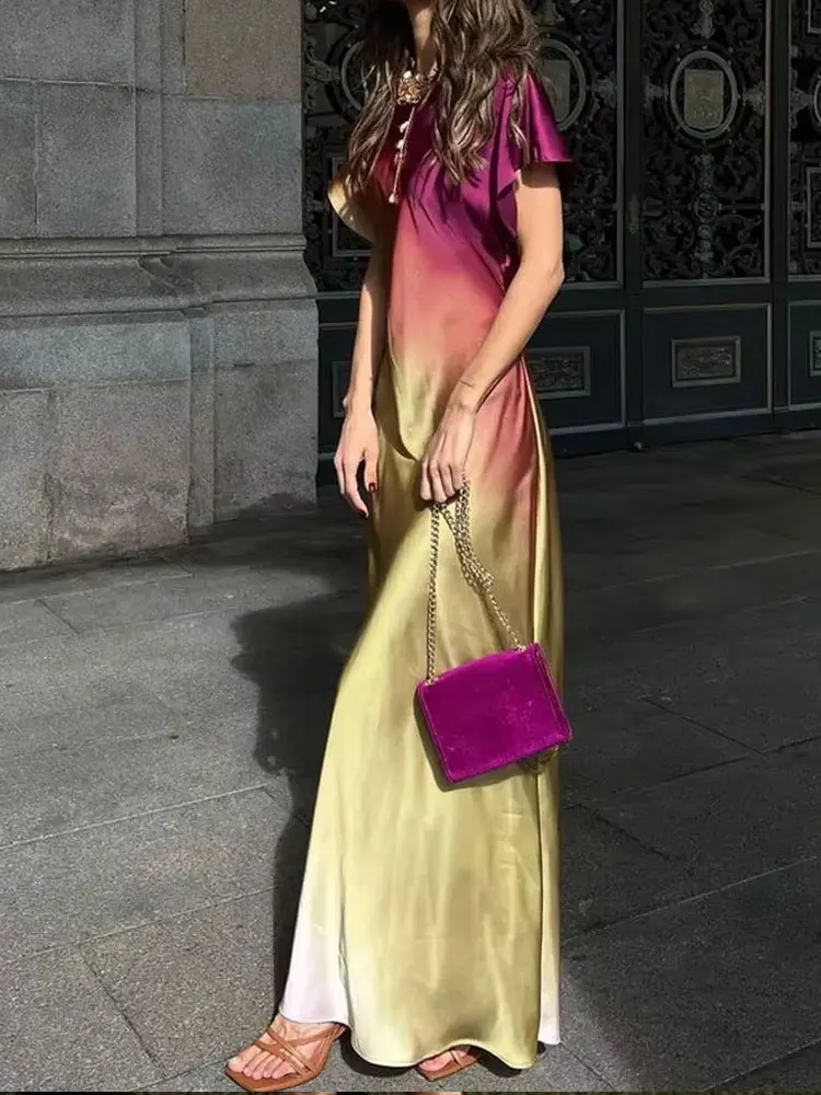 2024 여름 여성 프린트 드레스 반팔 빈티지 타이다이 O넥 여성 루즈 드레스 캐주얼 시크 새틴 여성 드레스