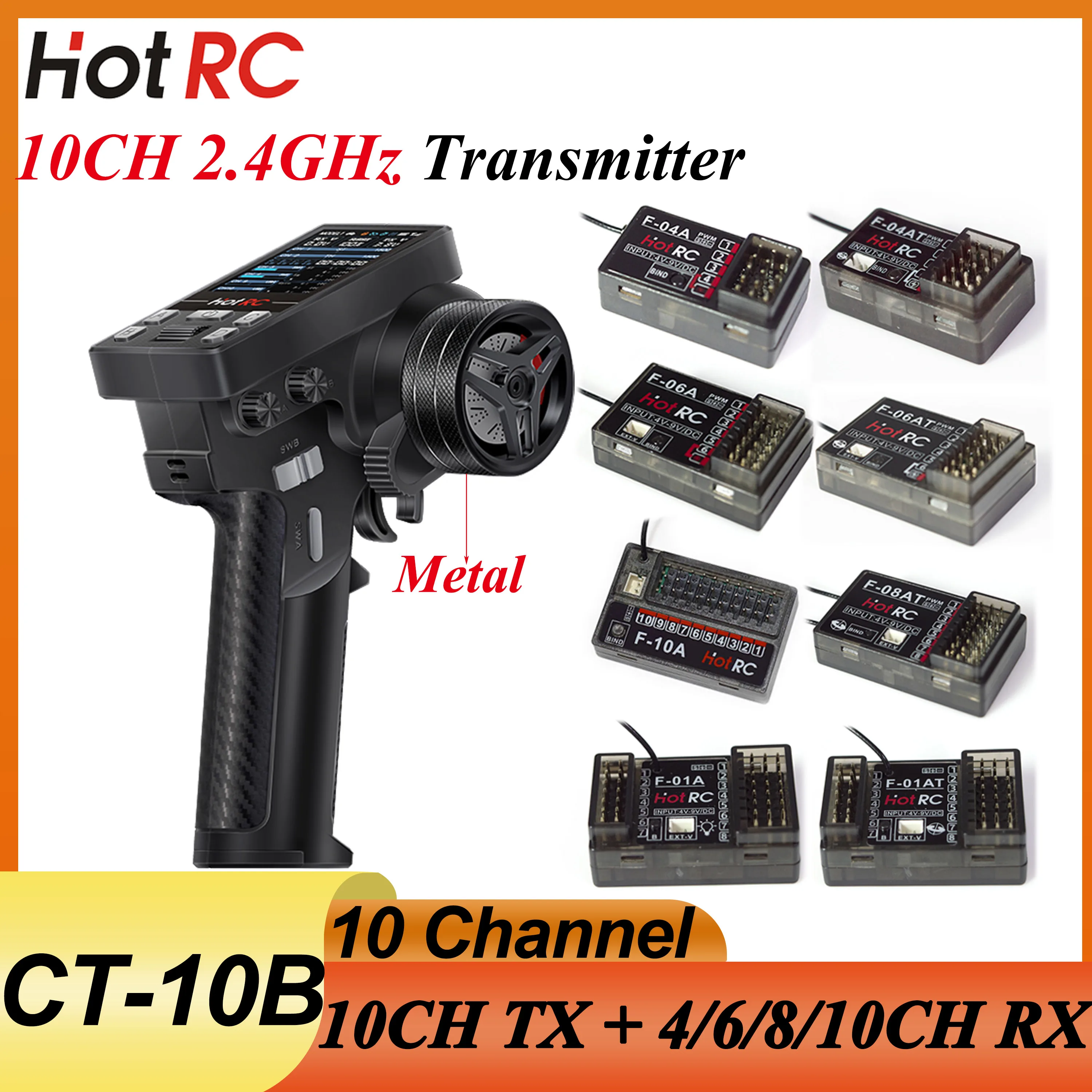 HotRC CT-10B 10CH Metal Handwheel Color Screen Transmitter F-04A F-06A F-10A  F-08AT Gyro Receiver for RC Car Aircraft Boat Dron