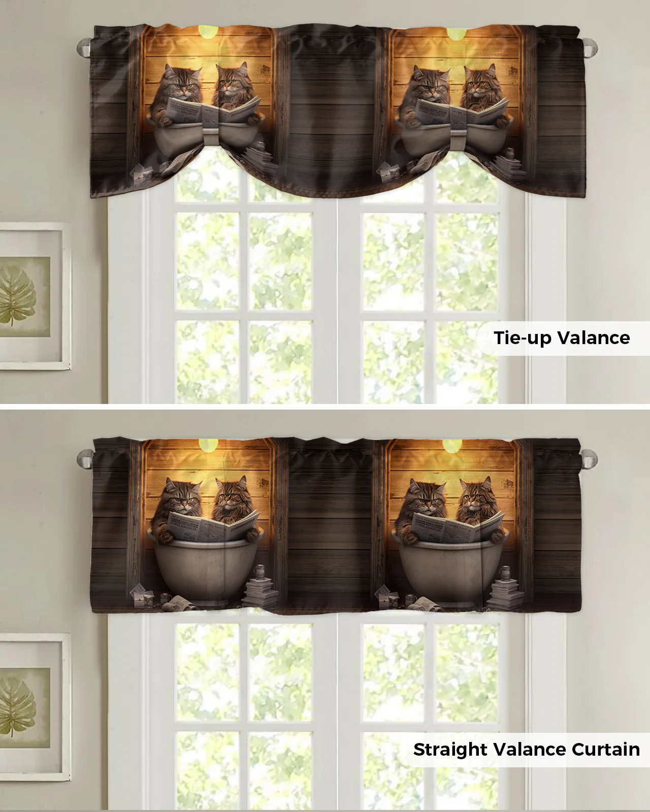 Cat Newspaper Bath Window Curtain Living Room Kitchen Cabinet Tie-up Valance Curtain Rod Pocket Valance