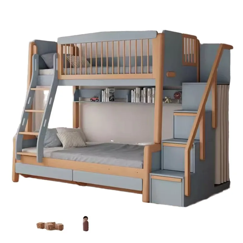 

Modern Wooden Twin Bunk Bed for Kids Sturdy Children's Solid Wood Bed with Safety Ladder for bedroom with bookshelf