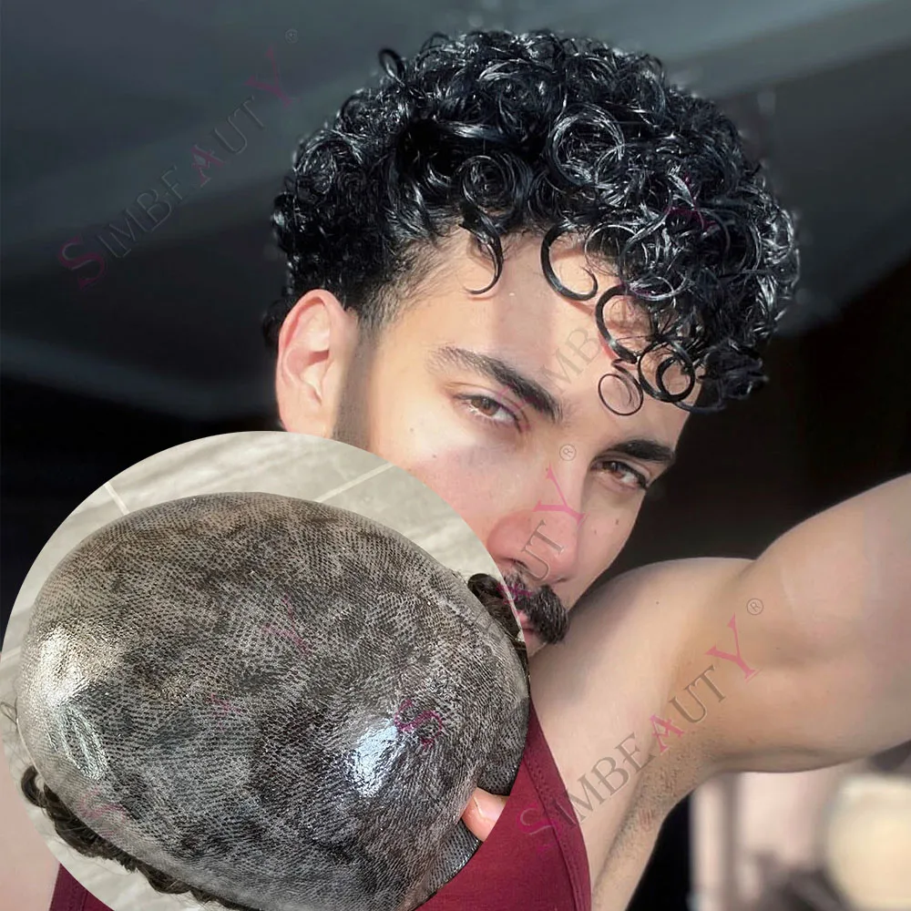 

Прочный мужской вьющийся капиллярный протез 24 мм, инъекция 0,1 мм, полная кожа, искусственная кожа, парик из 100% человеческих волос, мужской парик, натуральный протез для волос