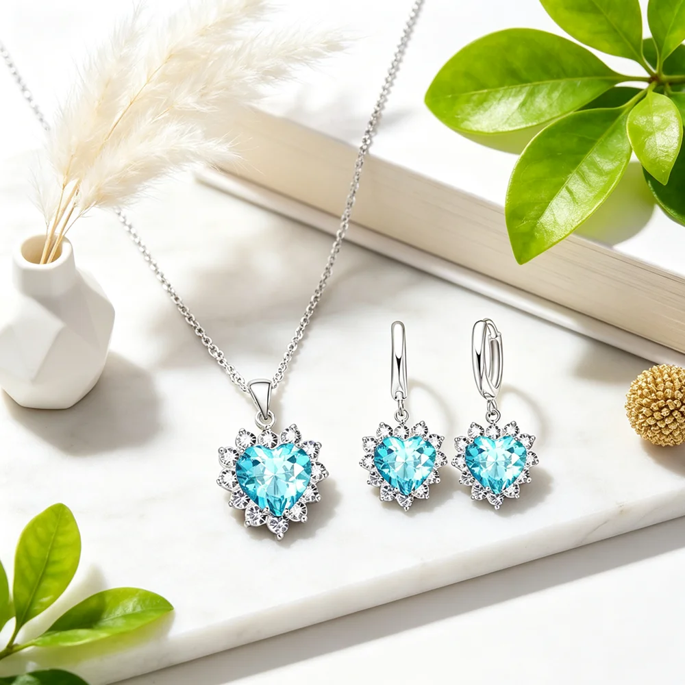 Discount Price Women Jewelry Sets Genuine 925 Sterling Silver Shiny CZ Romantic Heart Pendant Necklace Earrings Wholesale