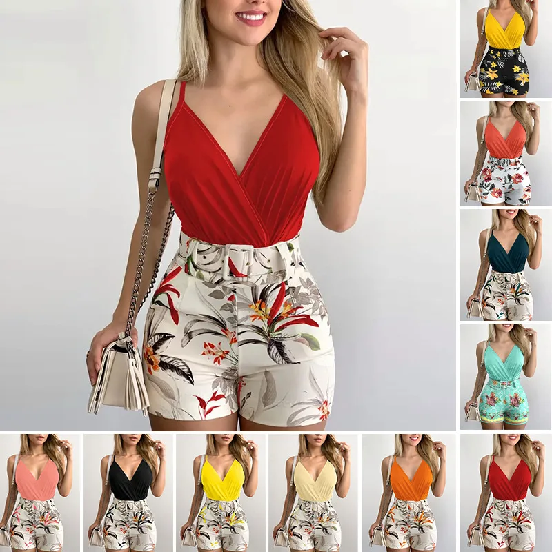 Fashion Trend Slim Short Two Piece Set Women Sexy Solid Color Camisole Belt Print Shorts 2 Piece Sets Streetwear Female Clothing