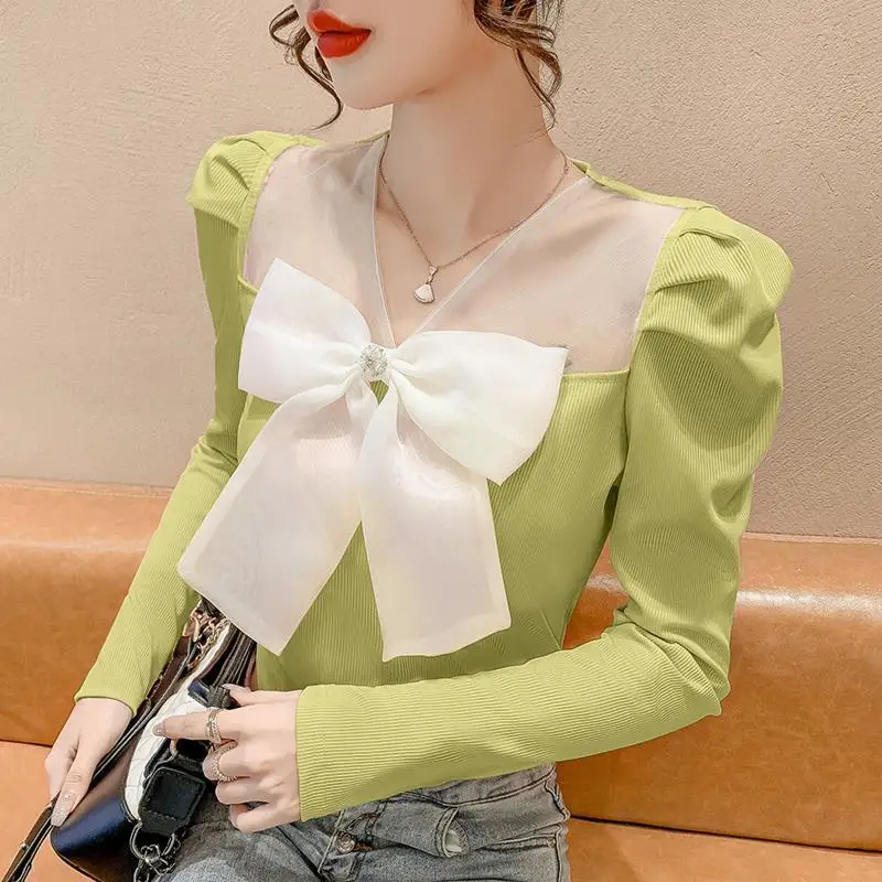 Spring Autumn New Contrast Color Fashion Long Sleeve Blouse Women High Street Casual Slim Bow Lace Patchwork Elegant Pullovers