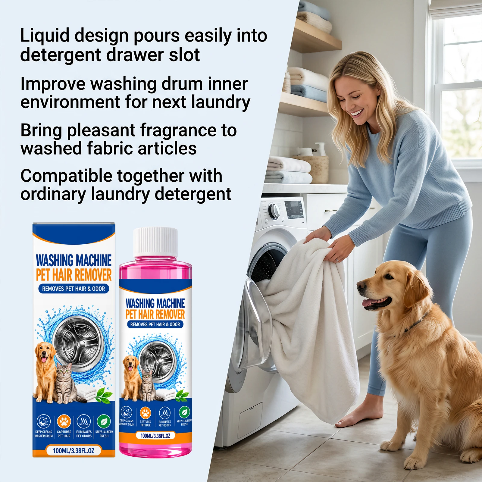 Washing machine, pet hair cleaning solution, clothing, cat and dog hair remover, pet odor remover, bedding, clothing, universal