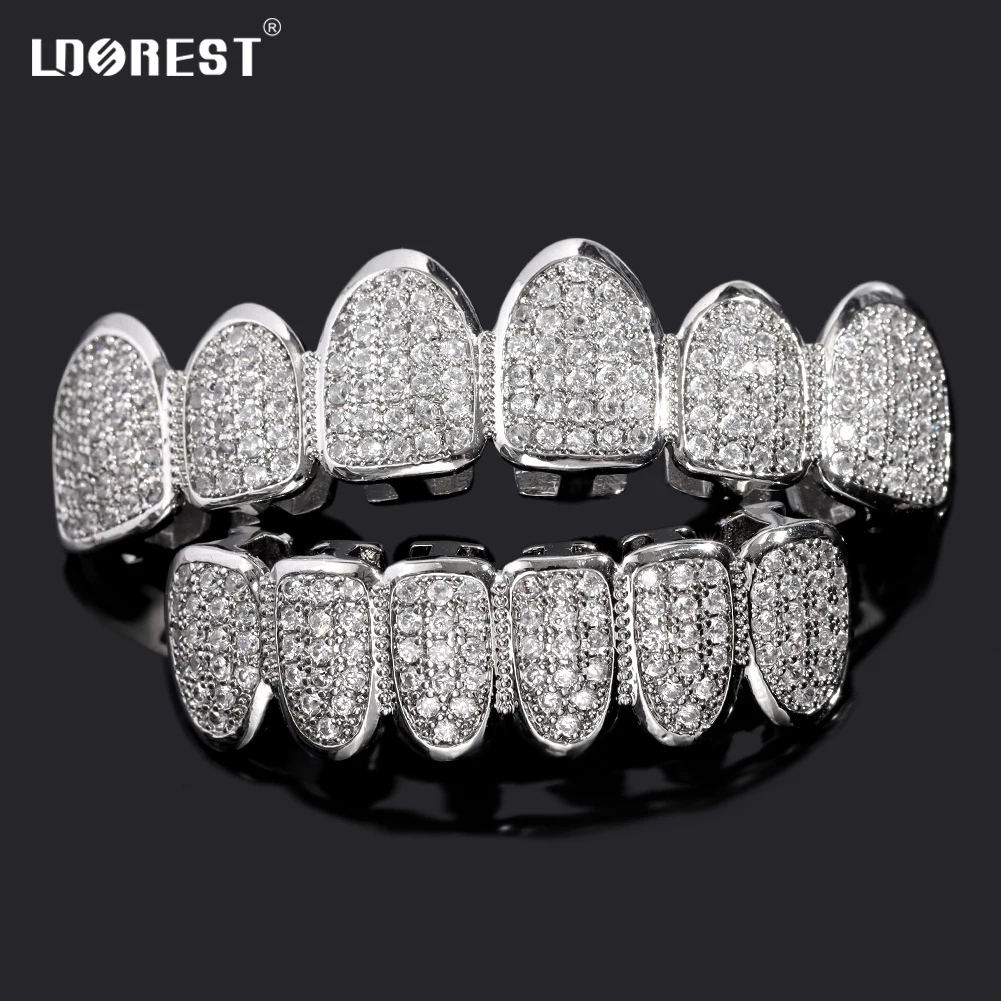 HipHop Iced Out Teeth Grillz Set For Men Women Bling Cubic Zircon Paved Top & Bottom Grills Tooth Caps Gold Plated Party Jewelry