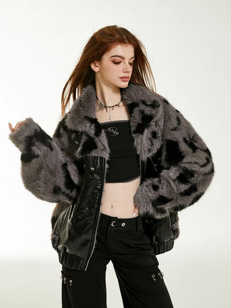 135-139 cmBust Giacca invernale da donna American Retro Spicy Girl Cappotto imbottito in cotone patchwork in pelliccia ecologica