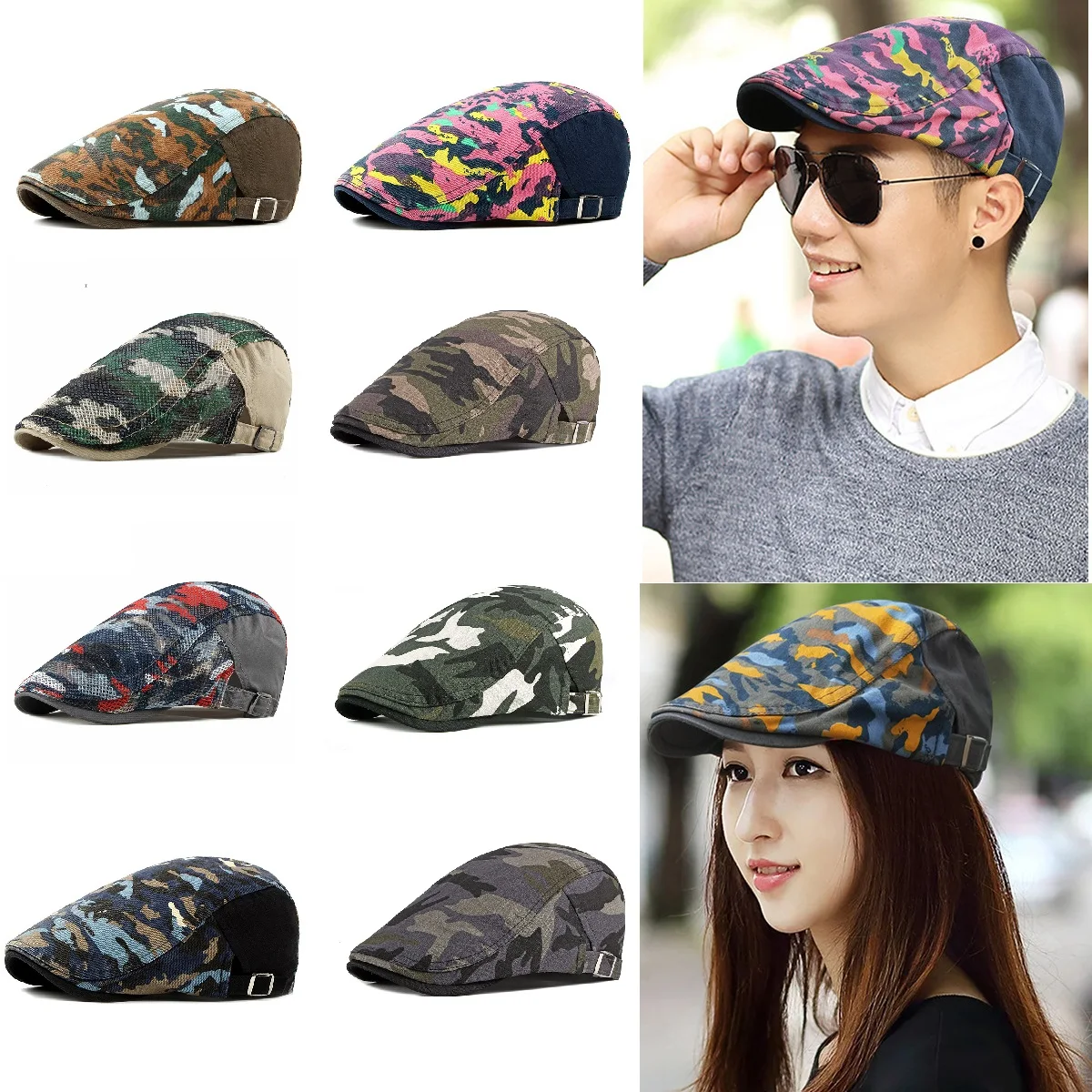 Men's Cotton Flat Cap Ivy Gatsby Newsboy Hat Camouflage Fashion Driving Ivy Hat Cabbie