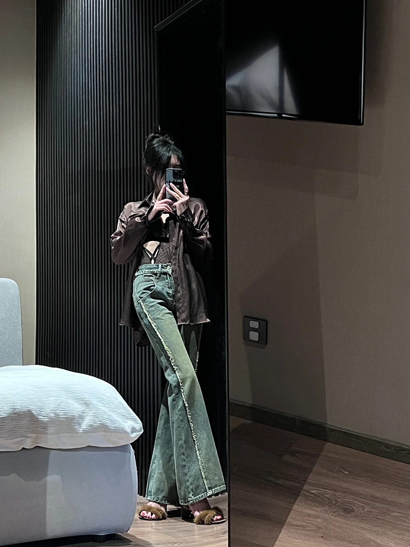

High Waist Bell Bot Denim Jeans Women's Slim Fit Waed Blue American Retro Spring Faion Anti-soil Long Pants