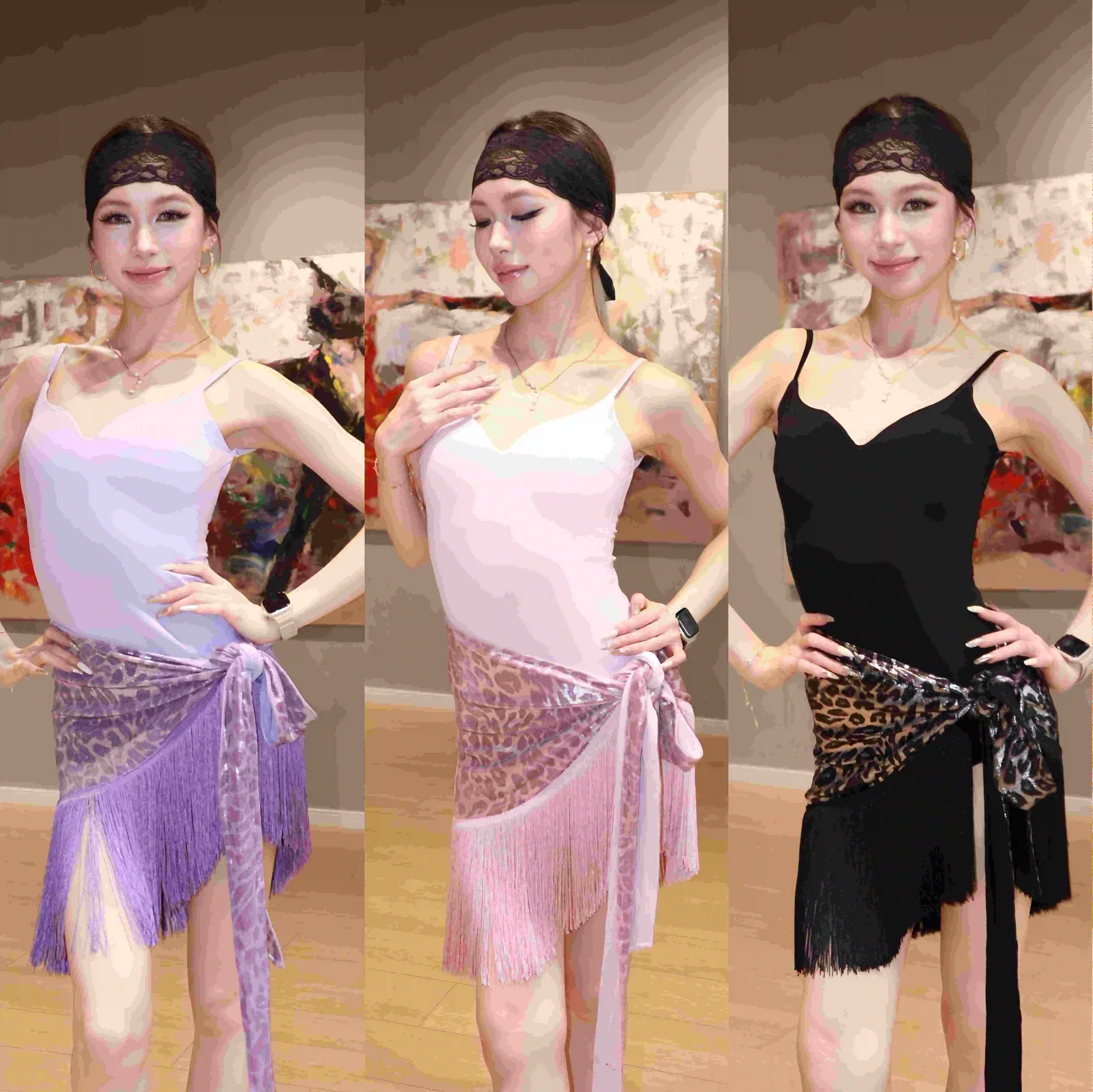

New Latin Dance Clothes Summer Woomen Purple Pink Black Bodysuit Leopard Fringed Skirt Chacha Dreesses Rumba Tango Dance Costume