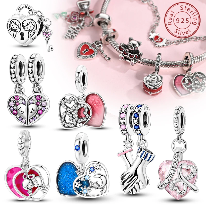 Original 925 Sterling Silver Charm Bead Heart Lovers Valentine's Day Charm Fit Pandora Charm Bracelet Pendant Women Jewelry Gift