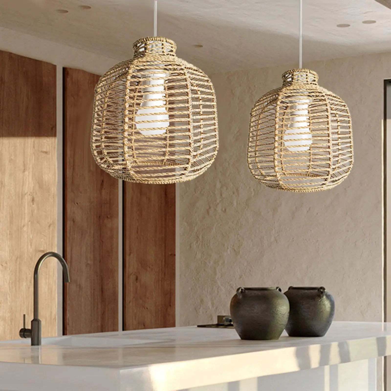 Simulation Rattan Pendant Lamp Shade Handwoven Retro Chandelier Decor Lighting Fixtures Cover Vintage Home Accent