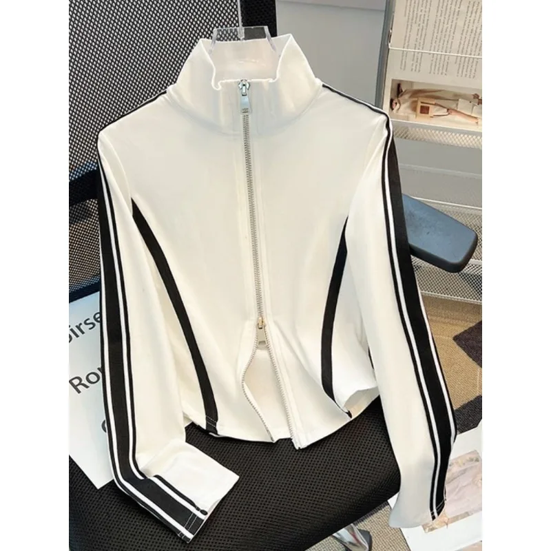 

T-shirt Women's Long-sleeved Autumn Clothes New Stand Collar Double Zipper Cardigan Color Block Design Chic Base Shirt Top