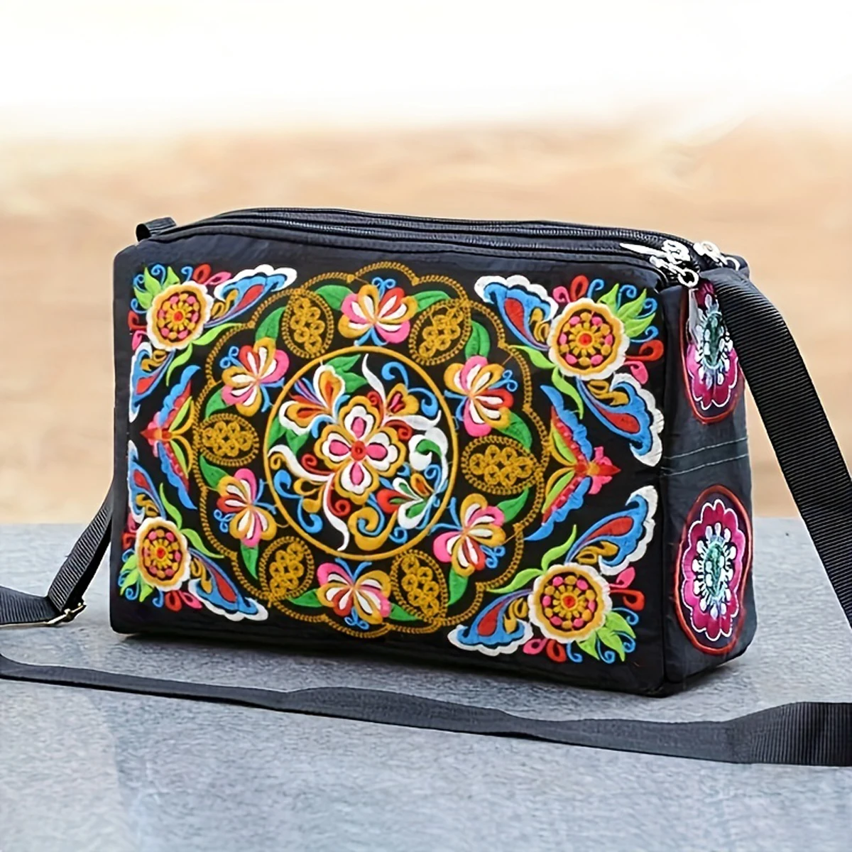 Ethnic Embroidered Crossbody Bag, Women\'s Canvas Shoulder Bags with Large Capacity