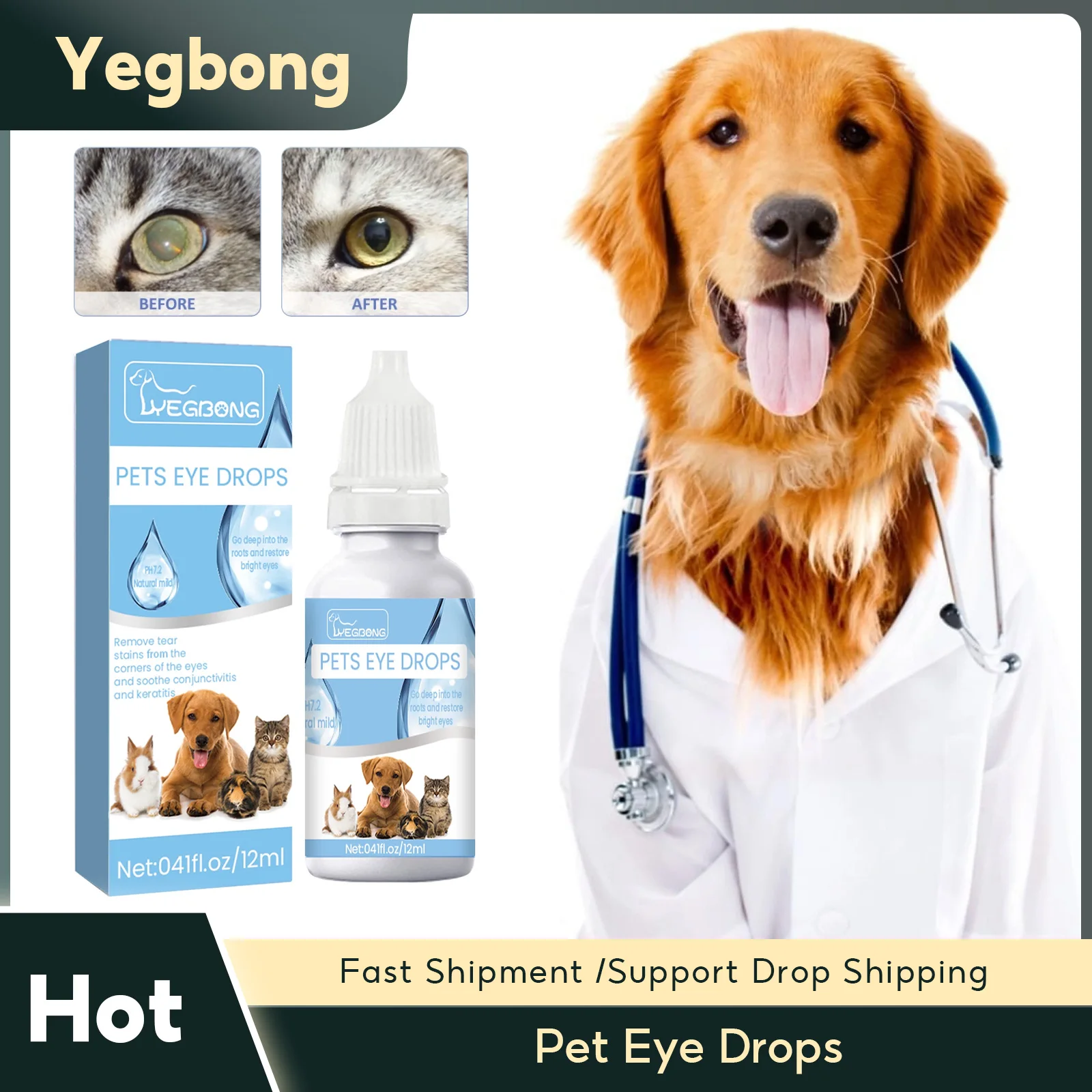 Gotas para los ojos de mascotas, tratamiento de queratitis y catarata para perros, alivia la picazón, elimina las manchas de lágrimas, suciedad, Antibacterial, gatos, limpieza de ojos