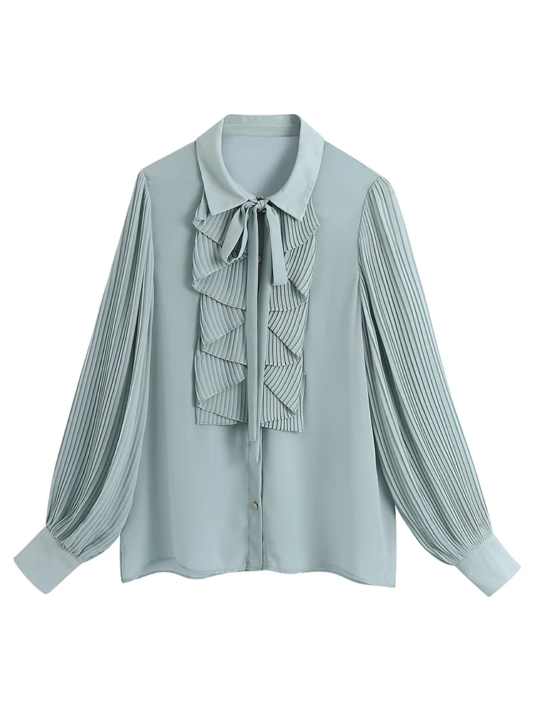 Snican-Blusa de Chifón con manga plisada para mujer, blusa elegante con lazo para oficina, con volantes en cascada, a la moda