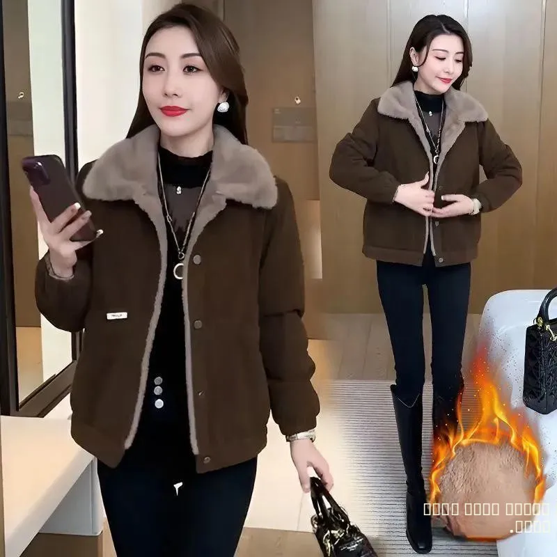 

Thiened Corduroy Fce Women's Jaet ort Sle Autumn Winter New Casual Loose Sle Korean Version Long Sve Coat