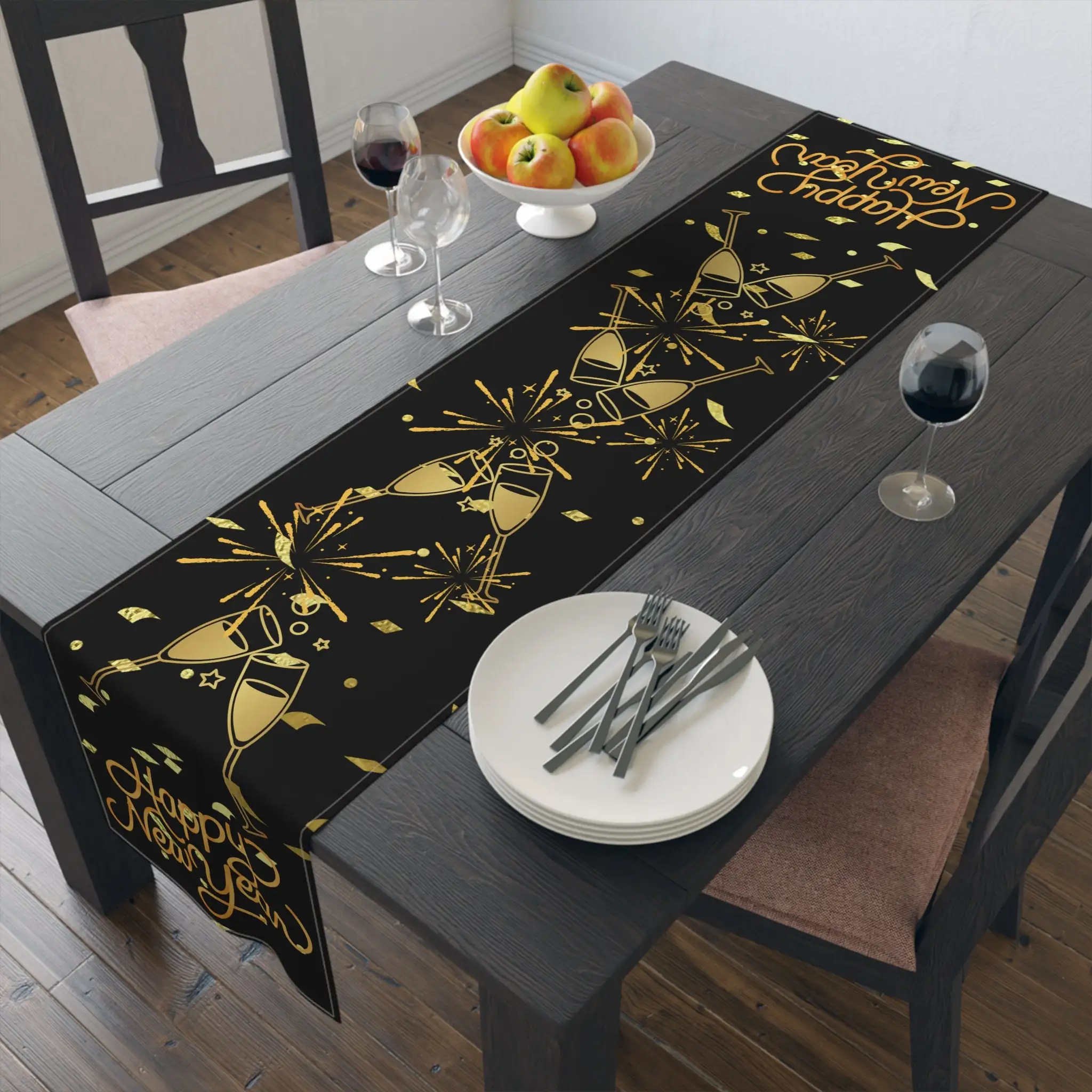 

1 шт., черно-золотая новогодняя льняная дорожка для стола цвета шампанского, 2D-печать, праздничный универсальный, декор стола/кухни/гостиной,