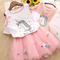 Children Girls Clothes Suit 2023 Summer  Baby Girl Cartoon  Short-sleeved T-shirt + Fluffy Skirt 2pcs Clothing Sets