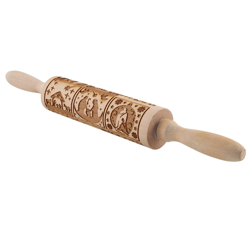 Nativity Pattern Xmas Christmas Wooden Embossing Rolling Pin With 9 Different Scene For Baking Embossed Cookies