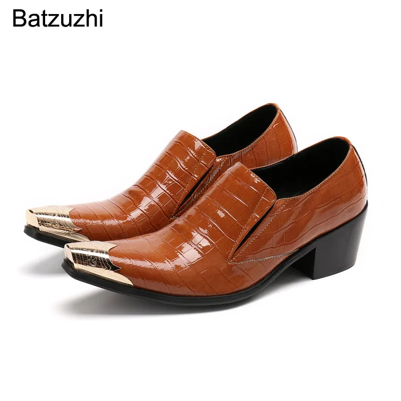 

Batzuzhi 6.5cm High Heels Men's Shoes Pointed Metal Toe Genuine Leather Dress Shoes Men Brown Business, Party and Wedding!