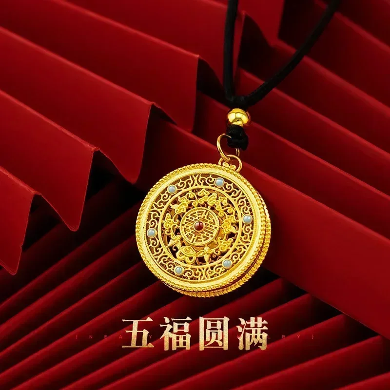 9999 Real Gold 24K  Men's Retro Court Style Wufu Complete Pendant Flower Silk Hollow