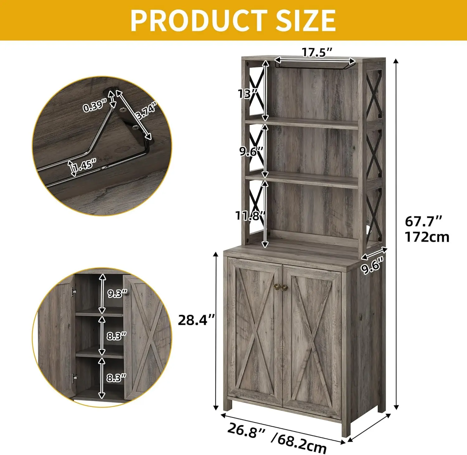 67-дюймовый высокий винный барный шкаф для спиртных напитков и стаканов, кухонные шкафы в фермерском доме, кофейный бар с регулируемыми полками, открытое место для хранения