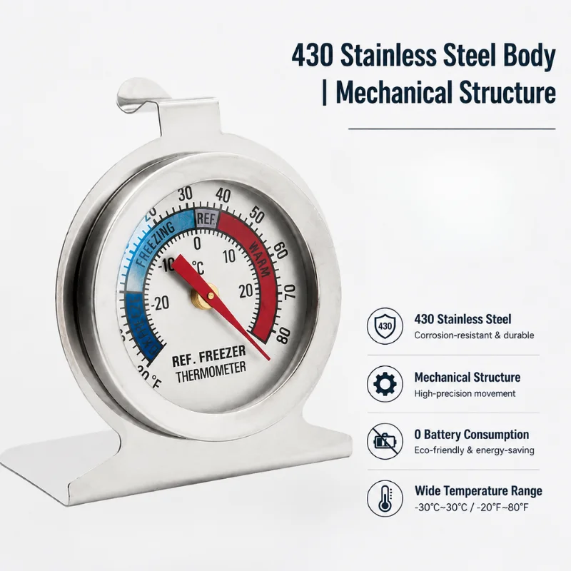 Stainless Steel Fridge Thermometer -30--30℃ Meter Range Instant Read Temperature Monitor for Cold Storage 52mm Large Dial