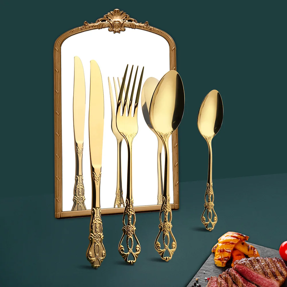 Gold Silverware Royal Vintage Wedding Luxury Gift Stainless Steel Knife Spoon Fork Flatware Cutlery Set