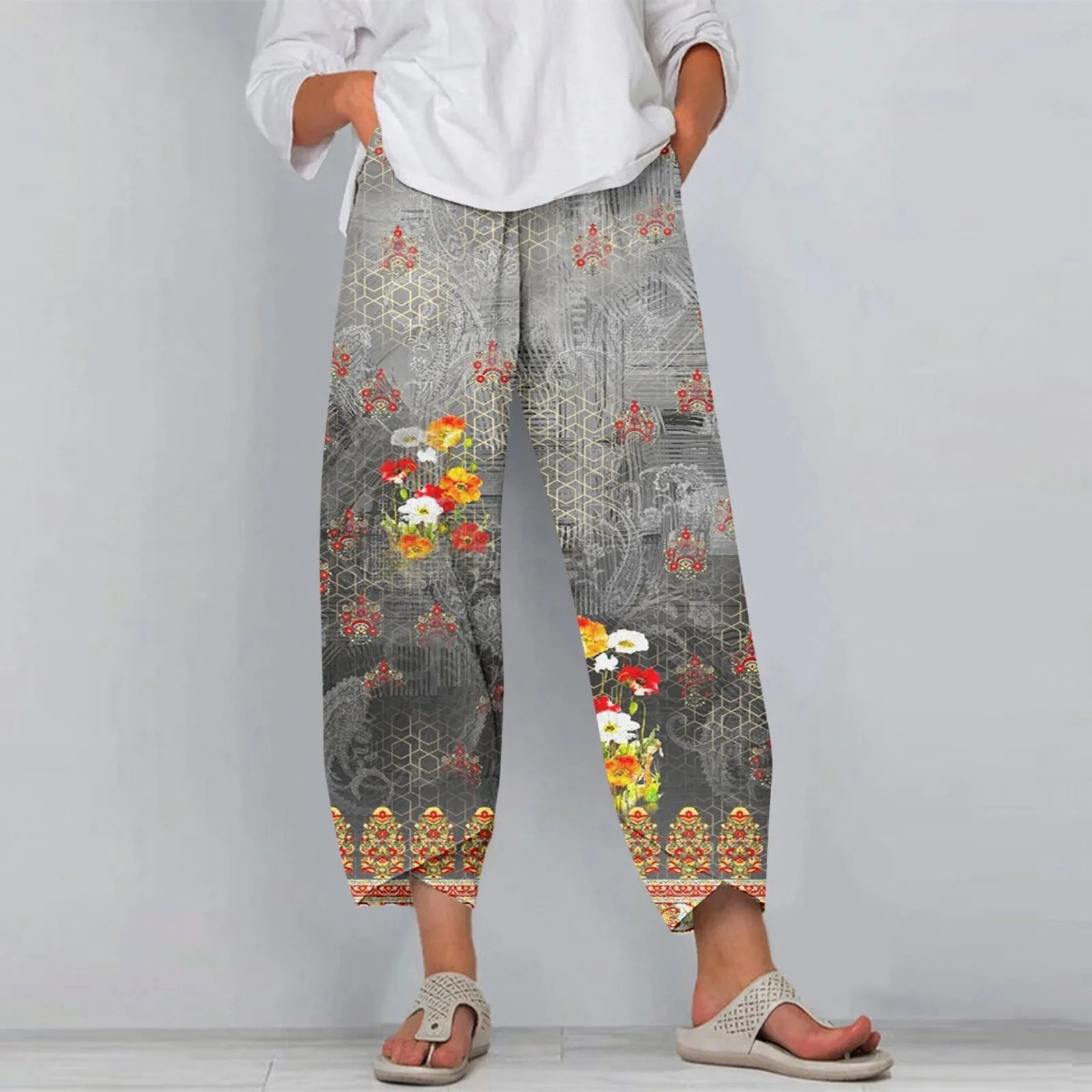 Casual Wide Leg Pants Women Loose Comfort Elastic Waist Pants Summer New Vintage Flower Printed Trousers Pantalones For Women