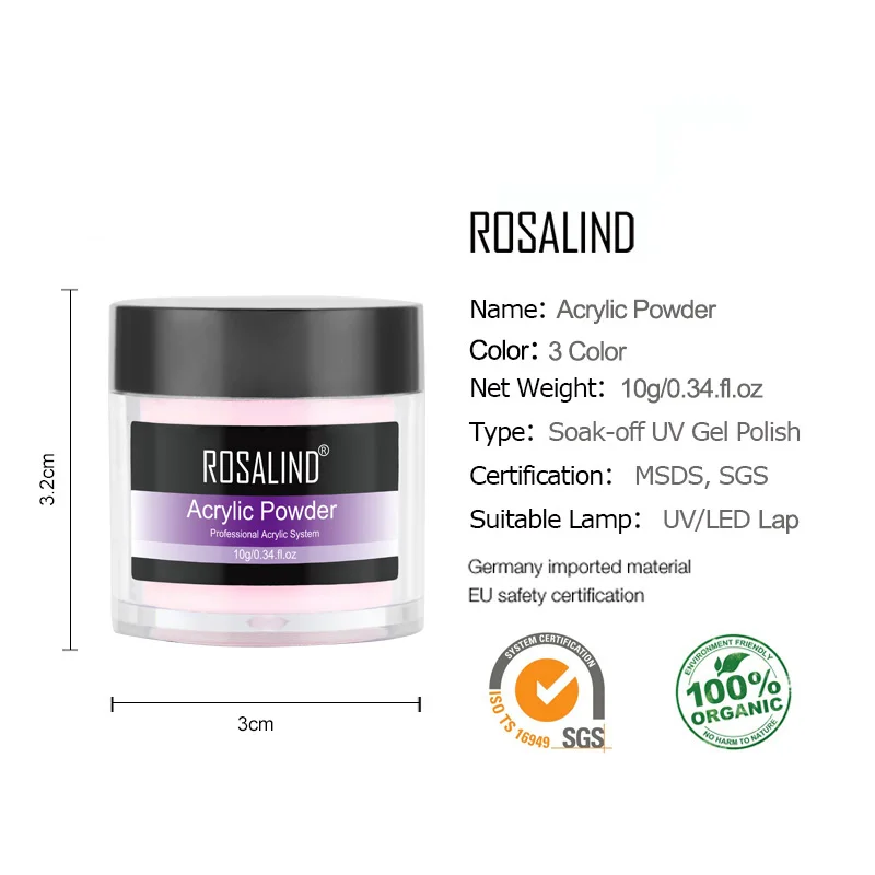 ROSALIND สีชมพูสีขาวอะคริลิคใส10กรัมผงคริสตัลเล็บเคล็ดลับ Builder โปร่งใสอะคริลิคเล็บผงเล็บ Art