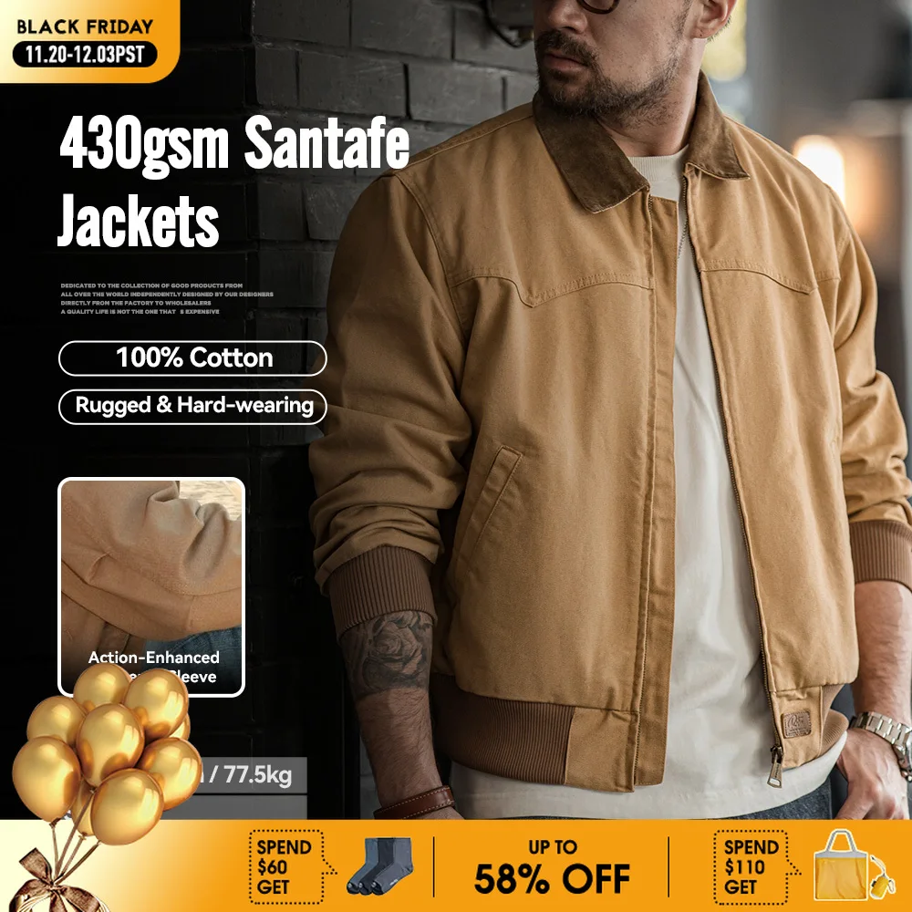 

Maden Men’s Retro Heavyweight Santafe Canvas Jacket Short Cotton Corduroy Lapel Coat with Ribbed Hem Cuffs Autumn Overcoat