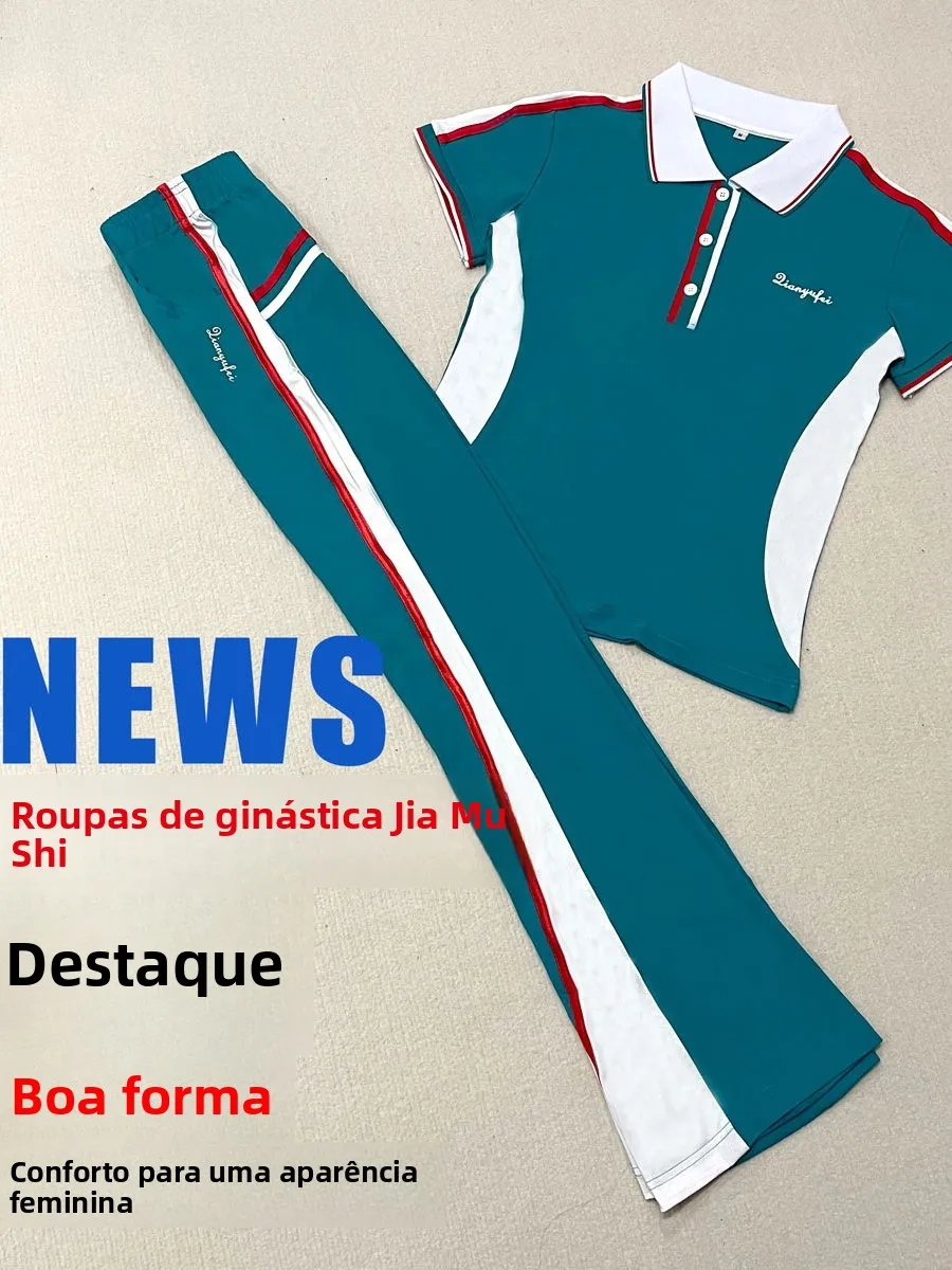 short-sleeve-fitness-outfit-summer-jiamusi-sportswear-set-green-pine-micro-flared-pants-high-waist-long-trousers-women's-ense