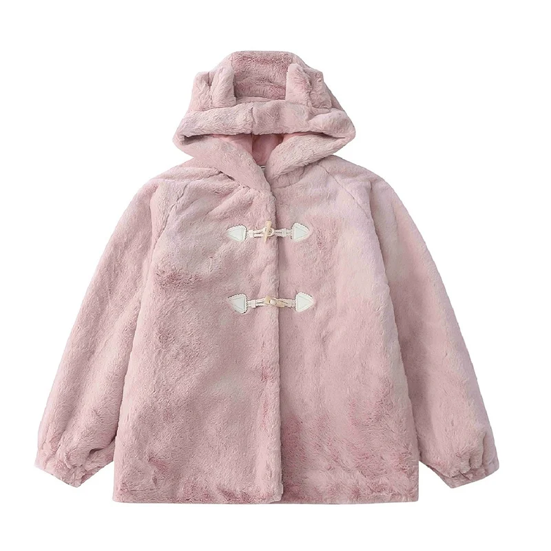 Japanese Fashion Winter Coat Women Warm Jacket Lolita Girl Kawaii Anime Ear Plush Outerwear Cute Pink Faux Fur Fluffy Fuzzy Coat