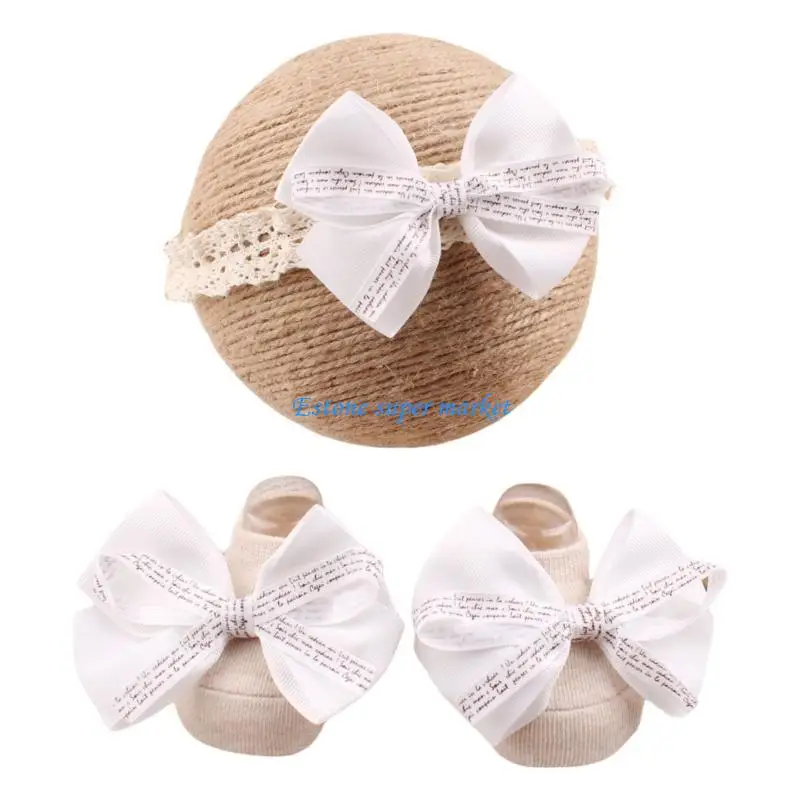 

090B Мягкая и дышащая детская кружевная повязка на голову и нескользящие носки с очаровательным бантом, стильная кружевная на