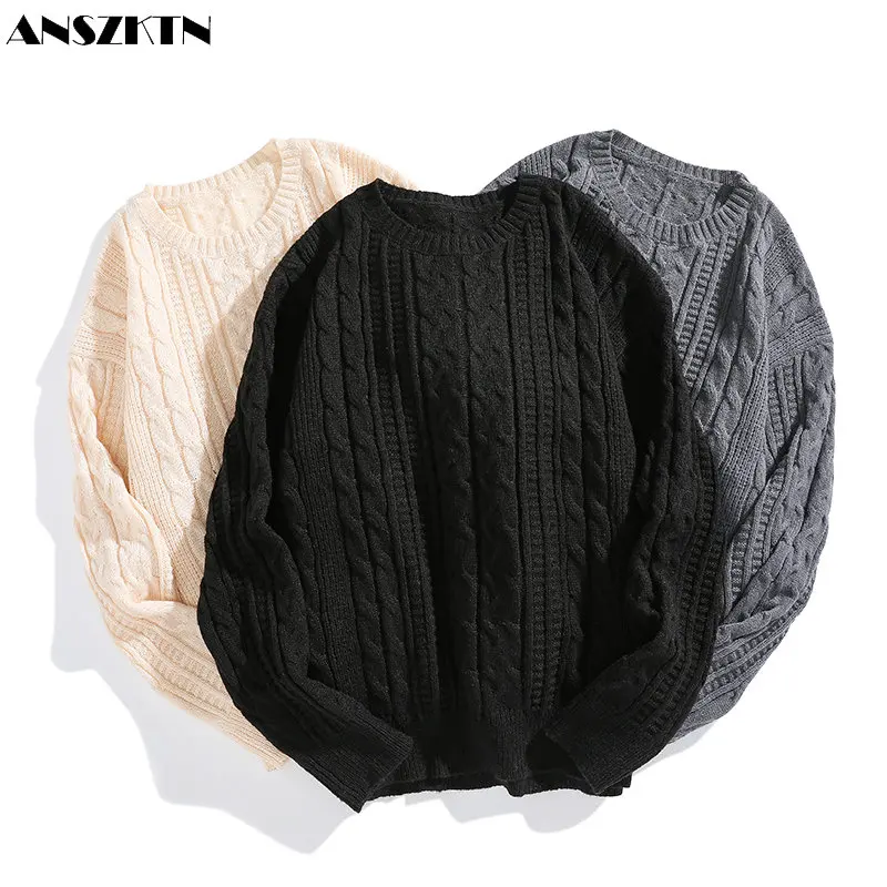 ANSZKTN Trend good data autumn winter new men's pullover loose casual sweater round neck knit