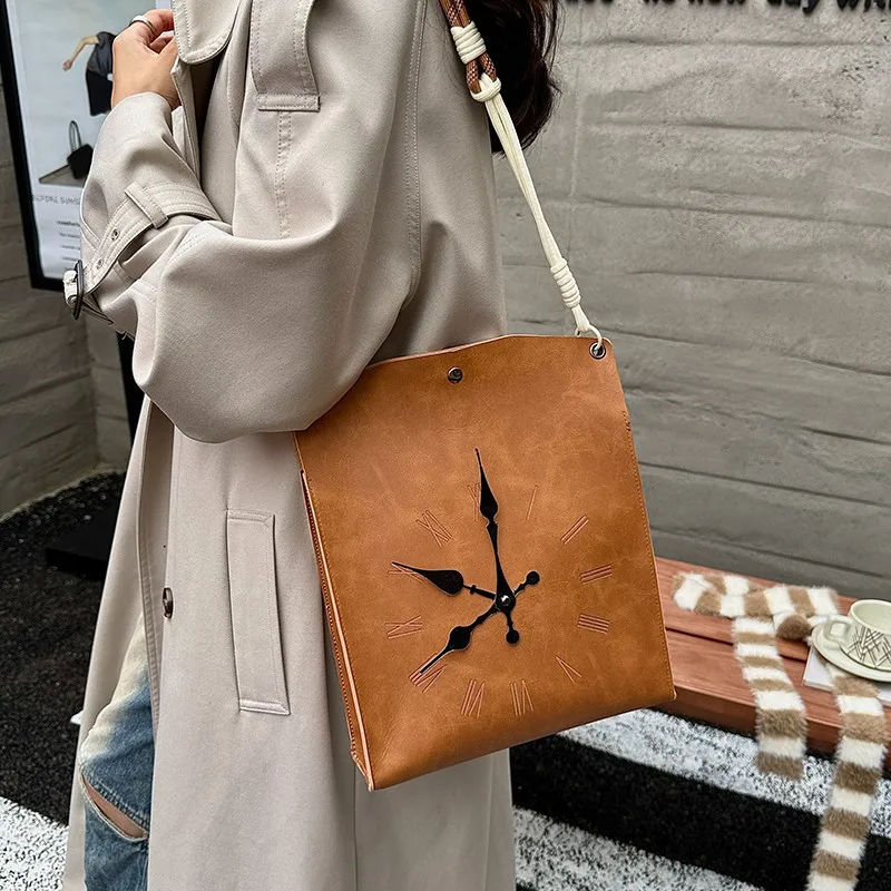 Numeral Pattern Casual PU Leather Tote Bag Retro Roman Vintage Clock Print Shoulder Bags Light‑weight Daily Shopping Handbag