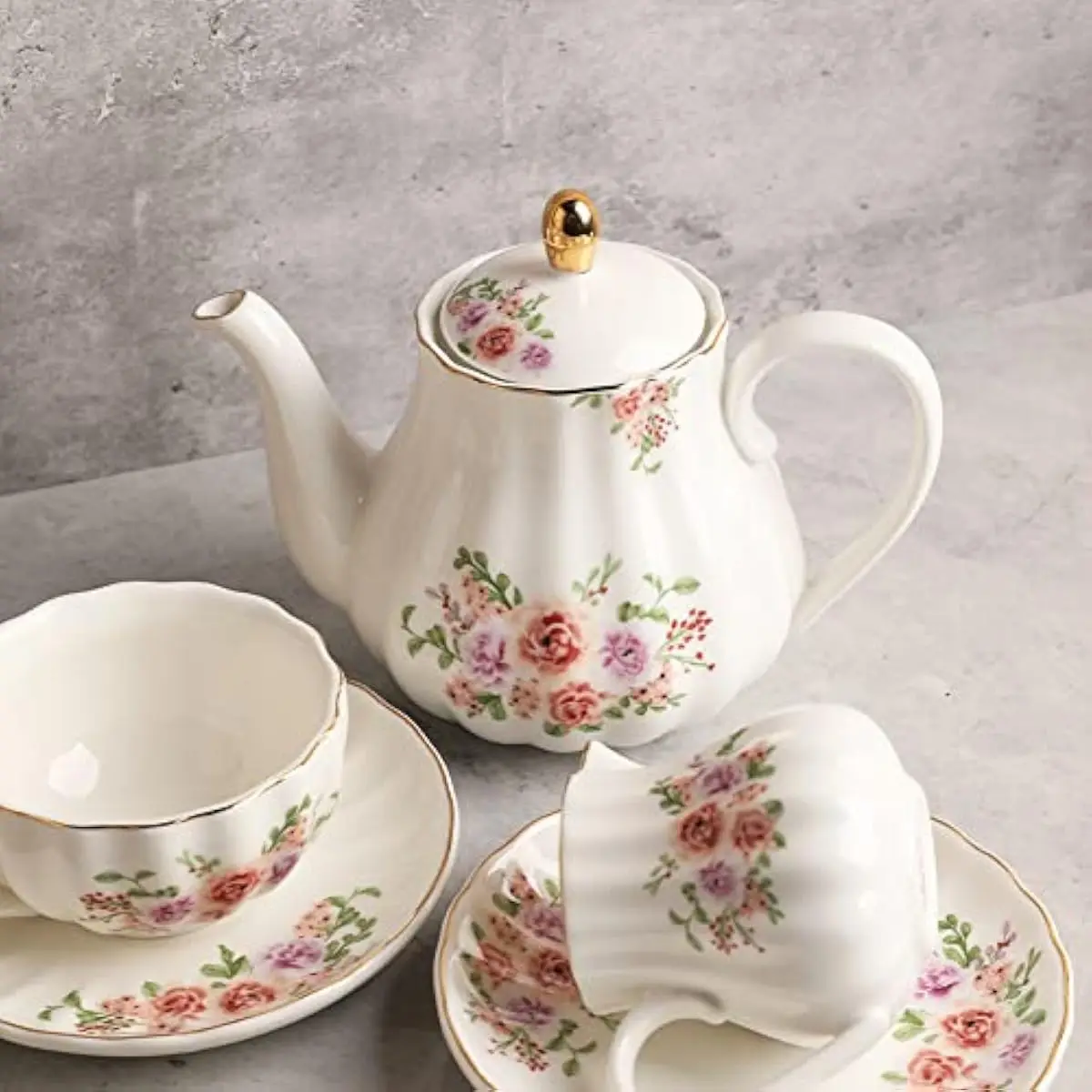 Porcelain Tea Service British Royal Style Rose Floral Design 6 Place Settings Includes Teacups Saucers Spoons Teapot Sugar Bowl