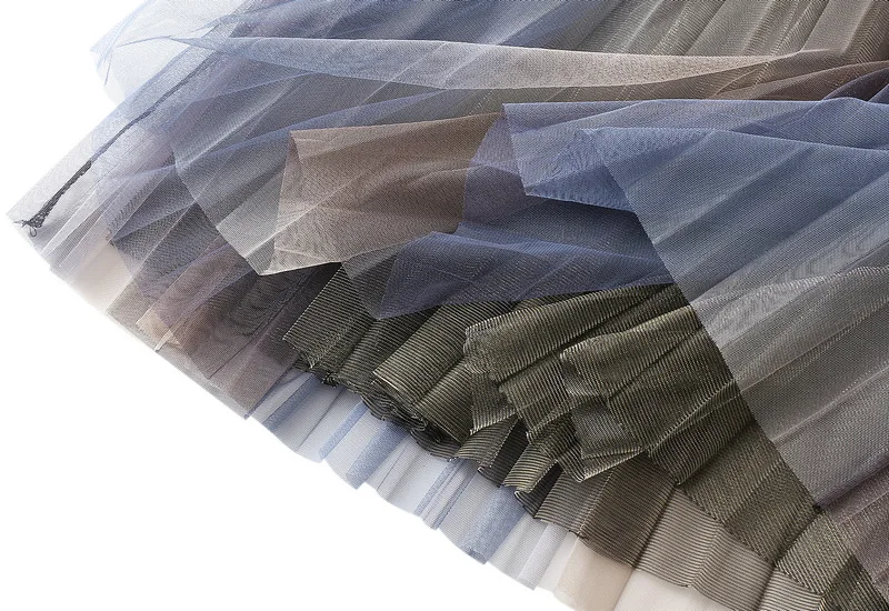 Fashion Gradient Two Layers Gauze High Waisted Mesh Skirt Women Slim Casual Pleated Design Sagging Sensation Lady Pleated Skirt