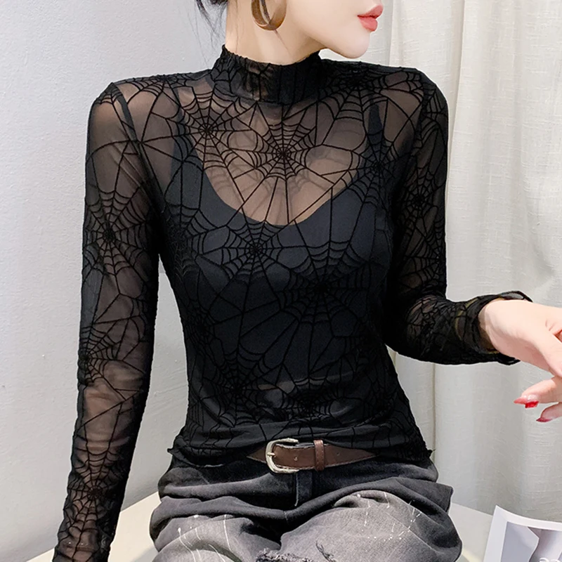 

Autumn Long Sleeved High Necked Women's T-Shirt Elegant Slim Sexy Black Mesh Tee Spider Web, Flocking Tops