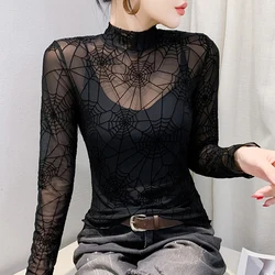 Autumn Long Sleeved High Necked Women's T-Shirt Elegant Slim Sexy Black Mesh Tee Spider Web, Flocking Tops